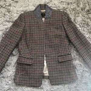 Jcrew Tan Black Multi Regent Houndstooth Jeweled Collar Wool Blazer size 8
